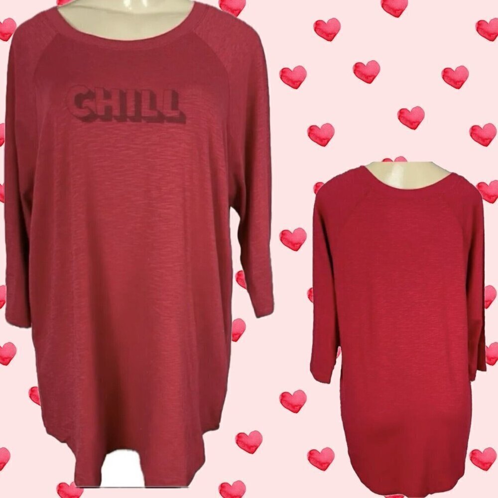 Torrid +3 Red Heather Chill Slogan Crew Neck Cotton Blend 3/4 Raglan Sleeve Tee